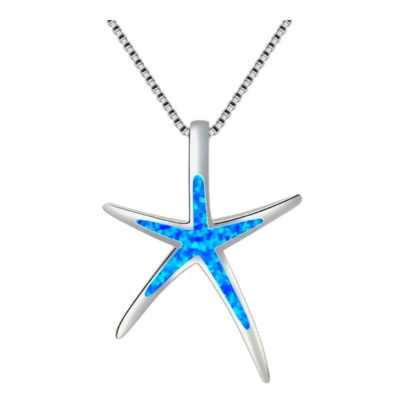 Blue Opal and Silver Starfish Pendant Necklace - Picture 1 of 3